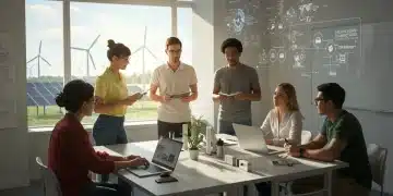 Students and educators collaborating on clean energy education projects in a modern classroom.