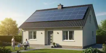 Suburban home with solar panels on roof under clear blue sky, family in garden