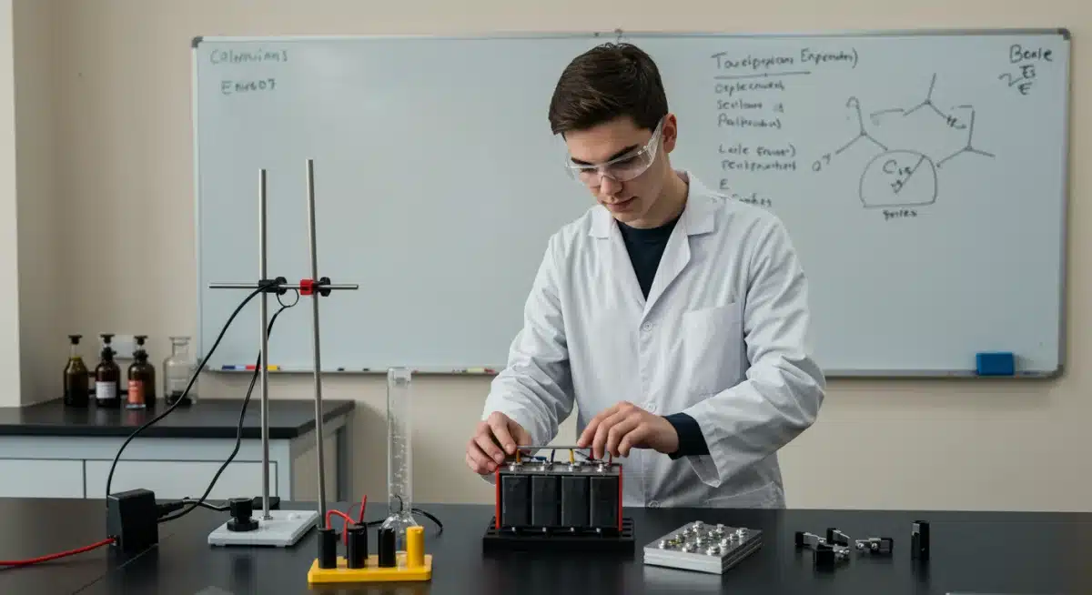 Student conducting research on battery technology for clean energy applications