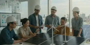 Professionals discussing clean energy solutions and career paths