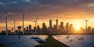 Clean Energy Sector Sees 15% Growth in Q1 2025: Market Trends Dynamic clean energy landscape with wind turbines, solar panels, and electric vehicles.