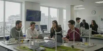 Students and professors collaborate in a clean energy STEM lab, showcasing innovative learning.