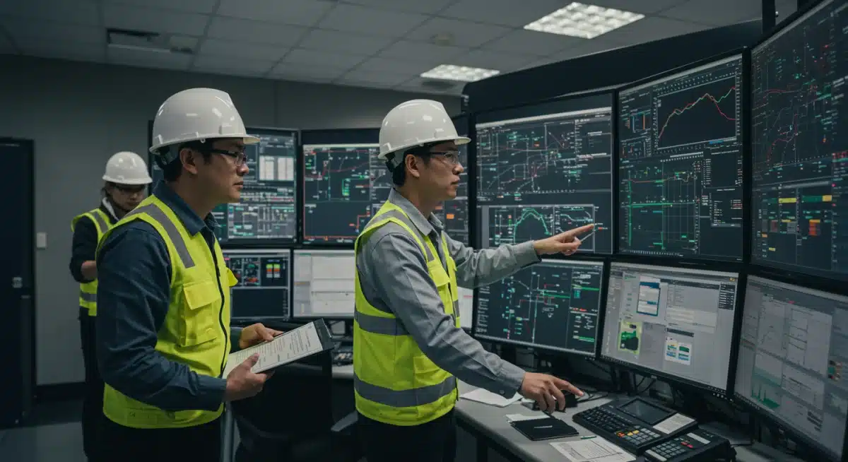 Engineers monitoring real-time electrical grid data in a control room