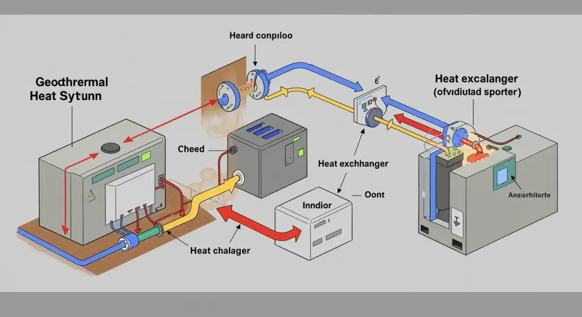Diagram of geothermal heat pump system components and heat exchange process