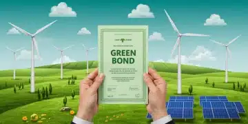 Green bonds certificate over clean energy landscape with financial growth charts