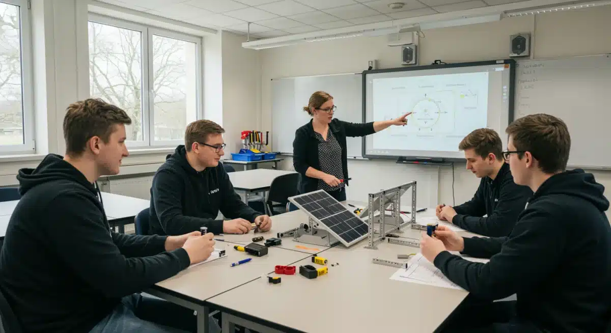 Students engaged in hands-on solar power system assembly in a modern classroom.