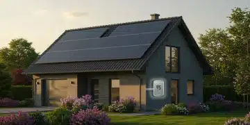 Modern energy-efficient home with solar panels and smart thermostat