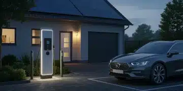 Residential EV charging station with electric car at dusk, solar panels on roof