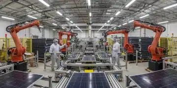 Modern US solar panel factory with robotic assembly lines and workers