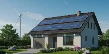 Modern home with solar panels and wind turbine, symbolizing clean energy financing
