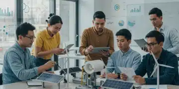 Students and adults learning clean energy skills with solar panels and wind turbines.