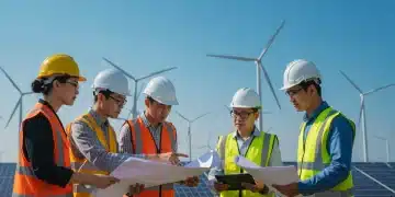 Professionals reviewing solar farm blueprints with wind turbines in the background, symbolizing clean energy development.