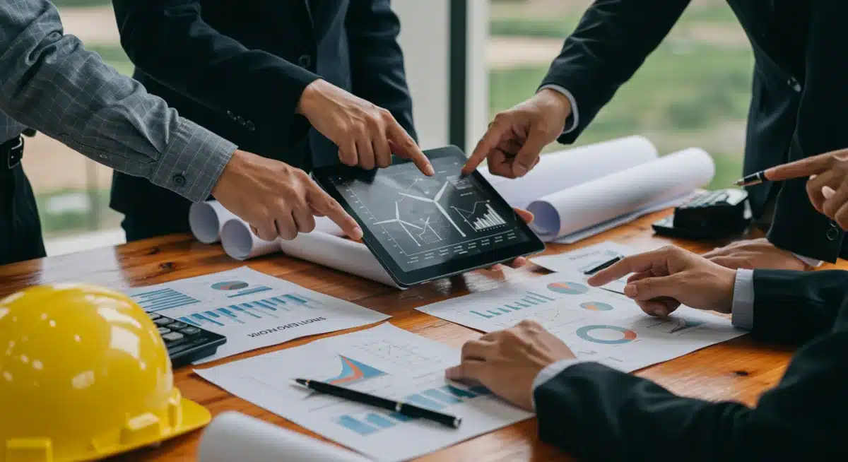 Professionals discussing clean energy project financing and strategizing