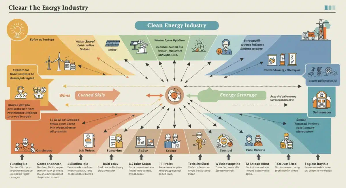 Infographic showing clean energy sectors, job roles, and skill demands by 2025.