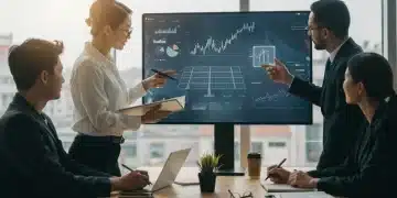 Business team collaborating on federal clean energy grant applications for commercial projects.