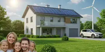 Family in front of a modern home with solar panels and an electric car, symbolizing 2025 clean energy tax credit savings.