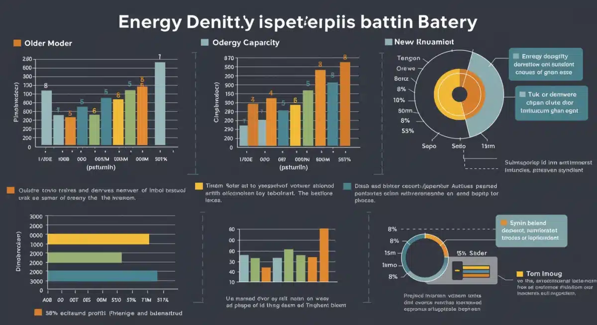 Infographic showing an 8% increase in battery energy density compared to previous generations, with clear data visualization.