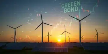 Modern wind farm and solar panels with abstract financial graphics representing the 2026 green bond market