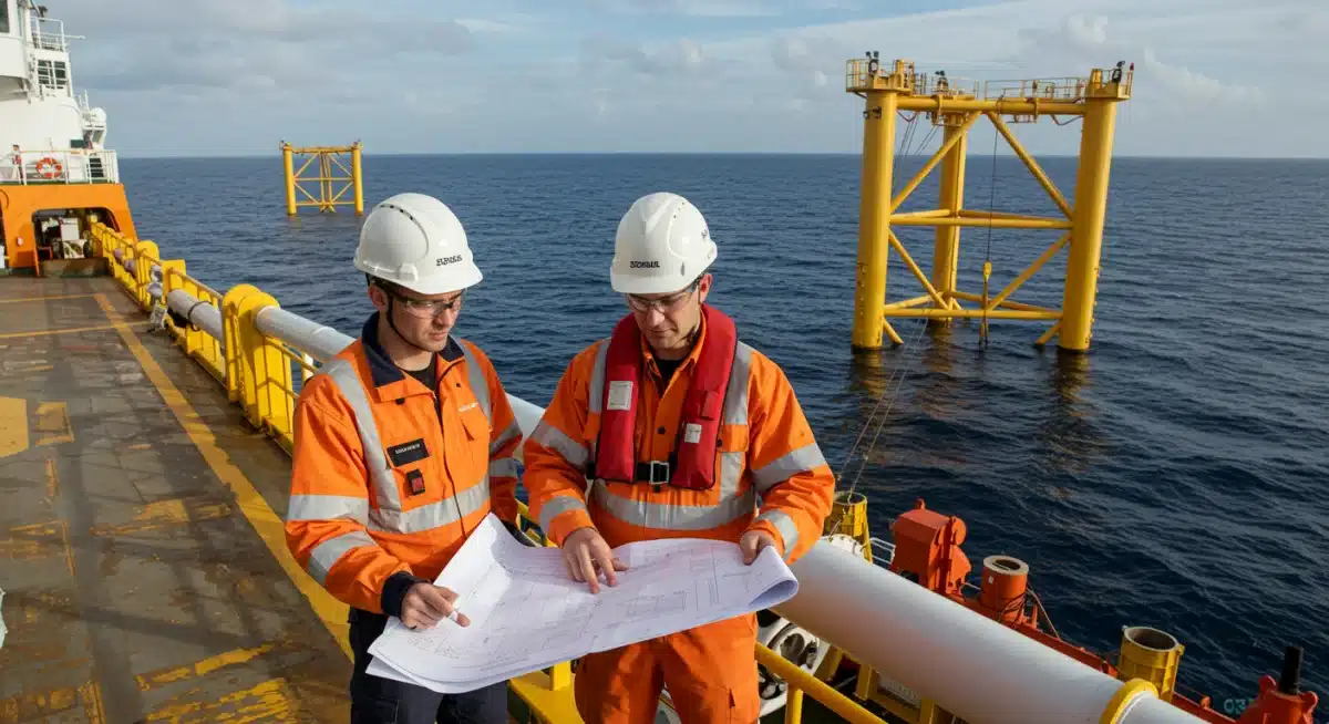 Engineers on offshore wind installation vessel reviewing plans, with turbine visible.