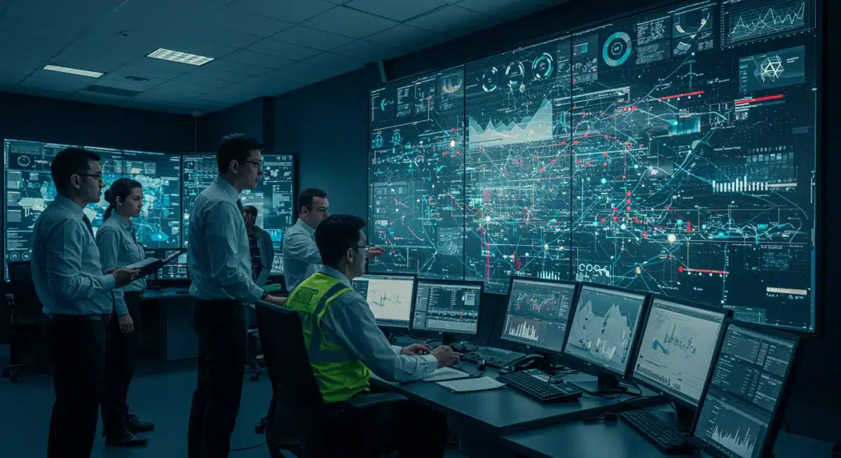 Engineers monitoring smart grid operations in a control room