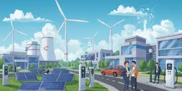 Illustration of a small business campus utilizing 2026 clean energy tax credits for solar, wind, and EV charging infrastructure.