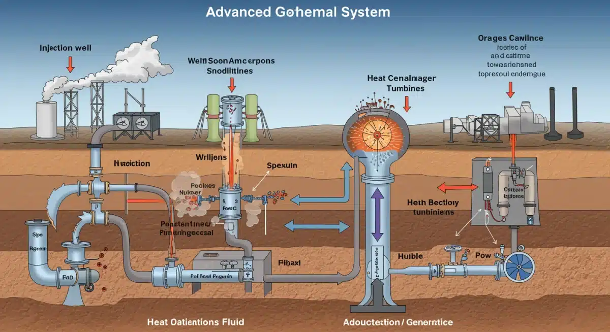 Infographic showing components and processes of an advanced geothermal energy system for power generation.