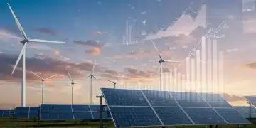 Financial charts superimposed on a clean energy landscape with wind turbines and solar panels, representing hedging strategies for renewable commodity prices in 2026.