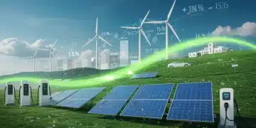 Illustration of clean energy technologies with financial graphs and 15% return boost