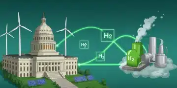 US Congress building with green energy infrastructure, symbolizing legislative push for green hydrogen adoption