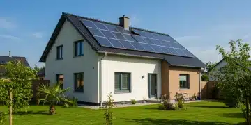 Modern home with solar panels and energy-efficient windows, symbolizing green living and savings.
