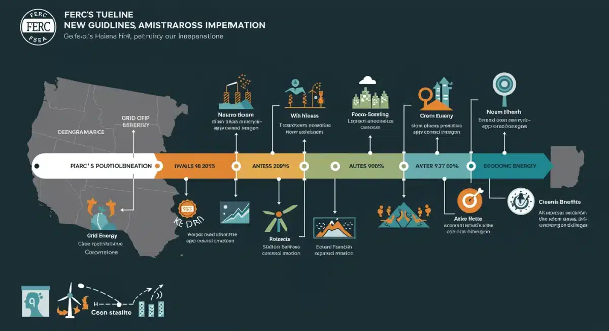 Infographic detailing the phased implementation timeline and regional impacts of FERC's new transmission guidelines, highlighting key milestones.