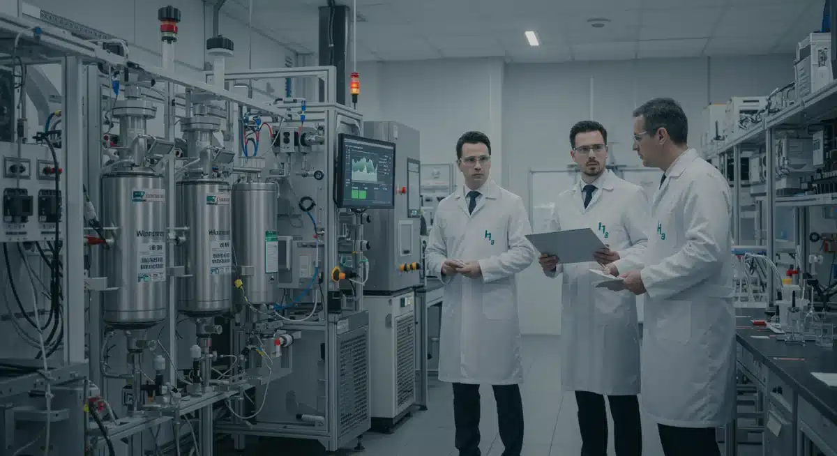 Engineers working on green hydrogen electrolyzer in a lab, showcasing technological advancements