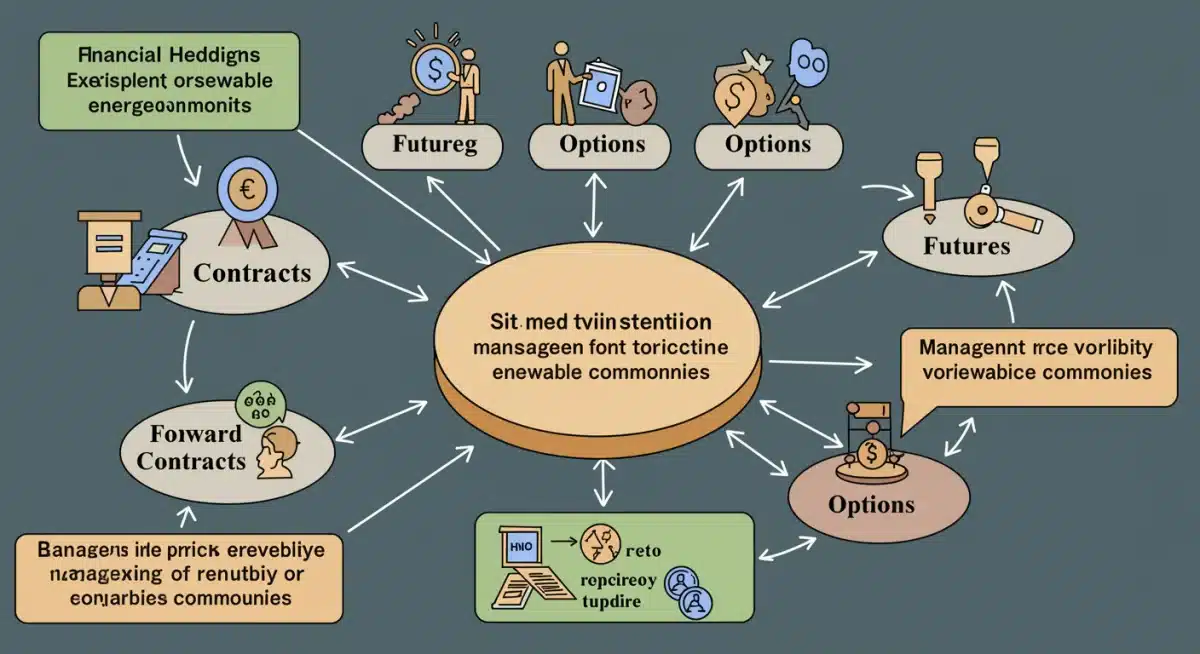 Diagram of financial hedging instruments and their application in managing price volatility for renewable energy commodities.