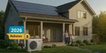 Family in front of a home with new heat pump, symbolizing 2026 energy savings