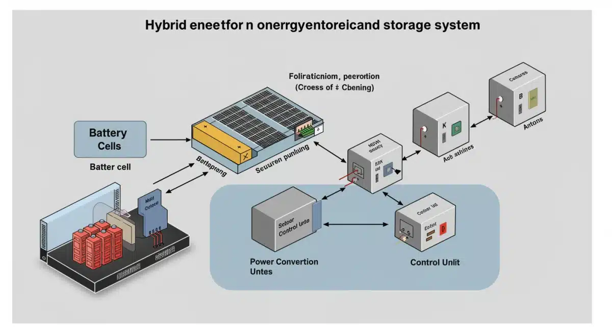 Technical diagram of a hybrid energy storage system's internal architecture.