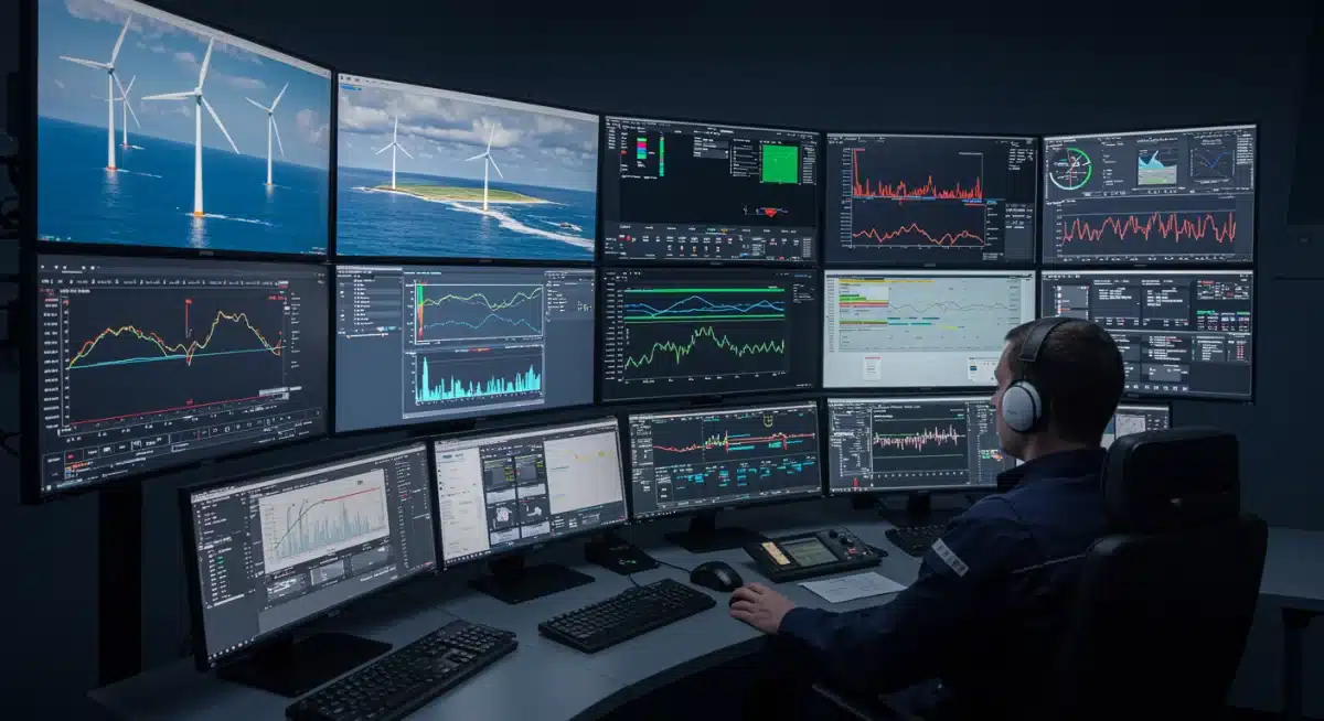 Control room operator monitoring offshore wind farm operations.