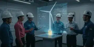 Technicians reviewing offshore wind turbine schematics in a modern training facility.