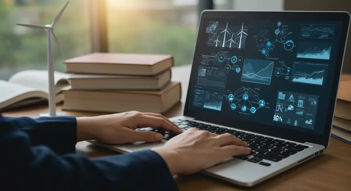 Student studying renewable energy on a laptop with textbooks and a wind turbine model.