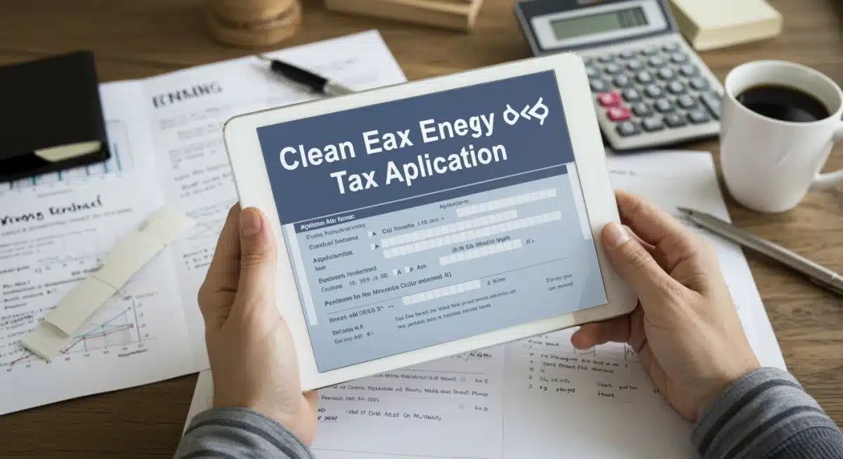 Hands reviewing clean energy tax credit application on a tablet with financial documents.