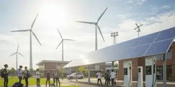 Modern campus with clean energy infrastructure and engaged students.