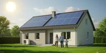 Family in front of a modern home with solar panels, symbolizing federal clean energy rebates and home savings.