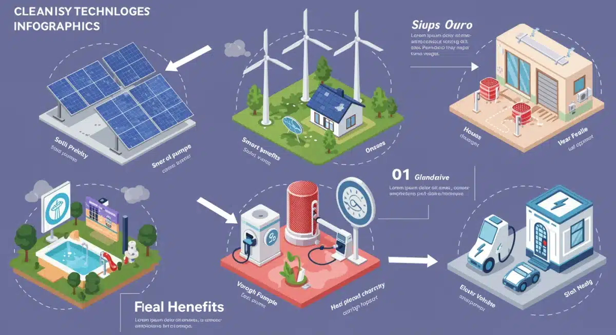 Infographic detailing various clean energy technologies and their associated financial benefits