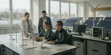 Students and professors collaborate on a clean energy project in a university lab.
