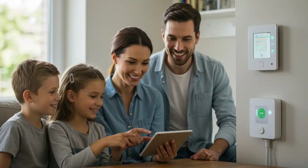 Family using smart home technology to monitor and manage energy efficiency