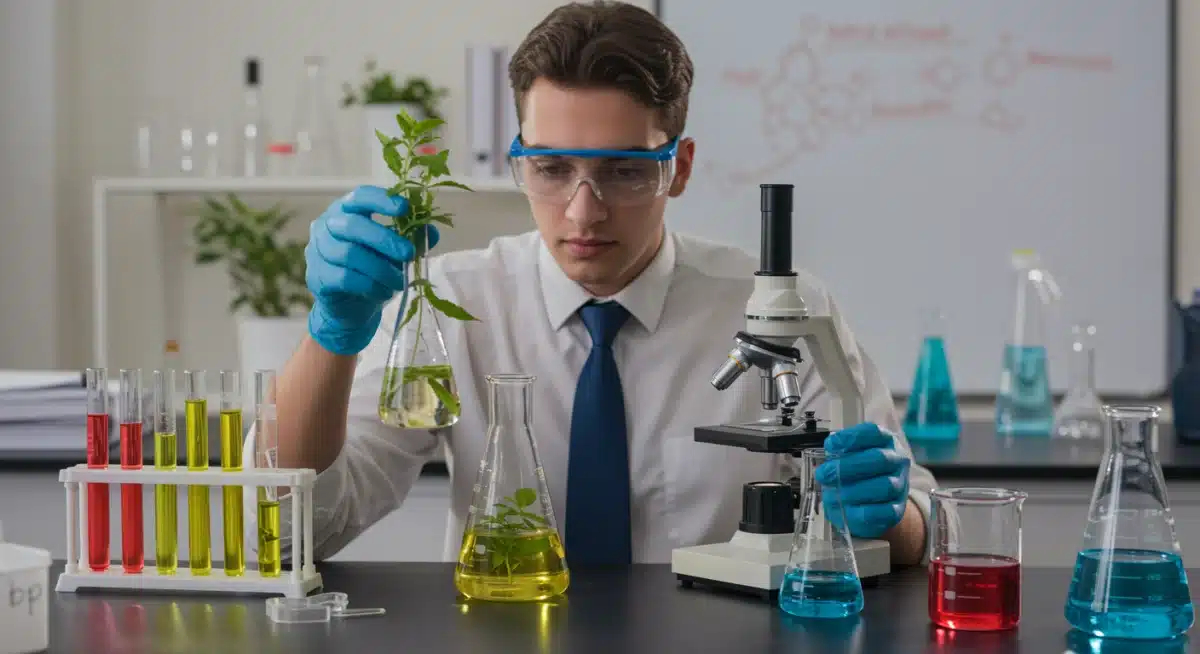 High school student performing a biofuel production experiment in a science lab.