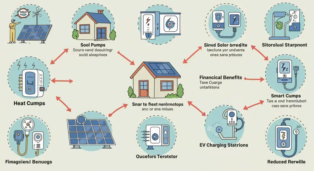 Infographic detailing various home clean energy technologies and their financial incentives.
