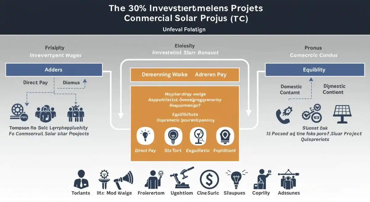 Infographic detailing 2026 commercial solar ITC breakdown and adders