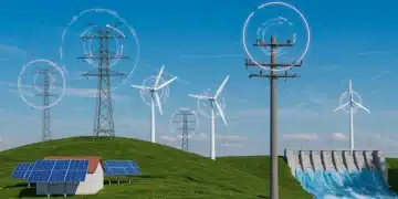 Modernized electricity grid with solar, wind, and hydro power, symbolizing 10-year clean energy benefits.