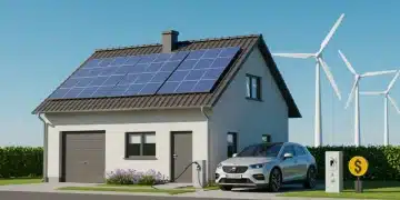 Modern home with solar panels and electric car, representing clean energy grants