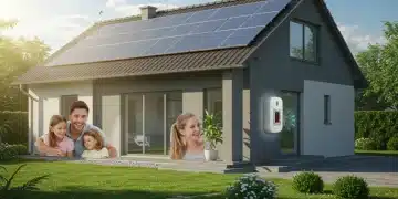 Modern home with solar panels, smart thermostat, and happy family, representing clean energy savings.